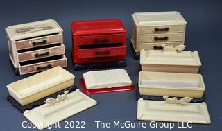 Seven (7) Vintage Red & White Asian Style Celluloid Plastic Jewelry Boxes