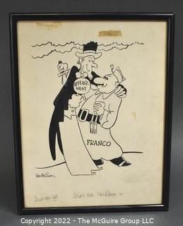  Framed Under Glass Political Cartoon by Stan MacGovern of the New York Post. Features Uncle Sam and General Franco with Original Copy Notations. Measures approximately 12" x 15".