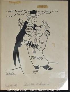  Framed Under Glass Political Cartoon by Stan MacGovern of the New York Post. Features Uncle Sam and General Franco with Original Copy Notations. Measures approximately 12" x 15".