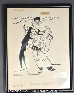  Framed Under Glass Political Cartoon by Stan MacGovern of the New York Post. Features Uncle Sam and General Franco with Original Copy Notations. Measures approximately 12" x 15".