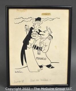  Framed Under Glass Political Cartoon by Stan MacGovern of the New York Post. Features Uncle Sam and General Franco with Original Copy Notations. Measures approximately 12" x 15".