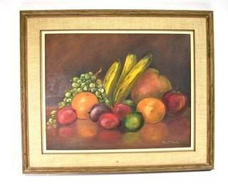 Framed Oil On Canvas StilL Life of Fruit Signed by Artist Alice W. Smith. Measures 22"H X 26"W.