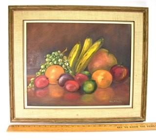 Framed Oil On Canvas StilL Life of Fruit Signed by Artist Alice W. Smith. Measures 22"H X 26"W.