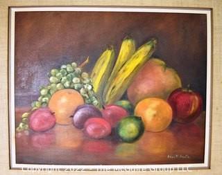 Framed Oil On Canvas StilL Life of Fruit Signed by Artist Alice W. Smith. Measures 22"H X 26"W.