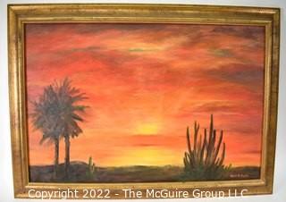 Framed Oil On Canvas Painting of Western Desert Landscape at Sunset Signed by Artist Alice W. Smith. Measures 25"H X 33"W.