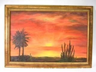 Framed Oil On Canvas Painting of Western Desert Landscape at Sunset Signed by Artist Alice W. Smith. Measures 25"H X 33"W.