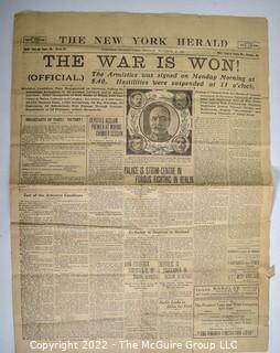 The New York Herald Newspaper - November 12, 1918 War Is Won – End of WWI