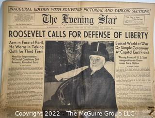 The Evening Star, Washington DC Newspaper January 20, 1941 – Roosevelt Calls for Defense of Liberty WWII