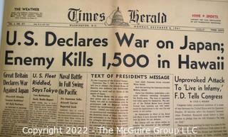 "U.S. Declares War On Japan" Dec, 8, 1941 Washington Times Herald Newspaper.  Day after Pearl Harbor WWII