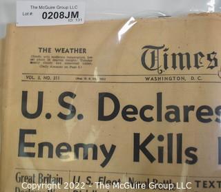 "U.S. Declares War On Japan" Dec, 8, 1941 Washington Times Herald Newspaper.  Day after Pearl Harbor WWII