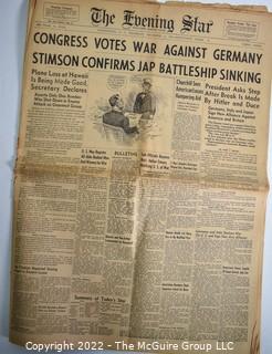 The Evening Star, Washington DC Newspaper December 11, 1941 - Congress Votes War Against Germany WWII