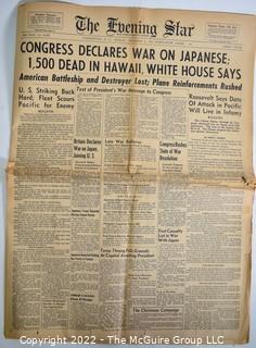 The Evening Star, Washington DC Newspaper December 8, 1941 – Congress Declares War on Japanese, WWII Day After Pearl Harbor.