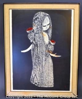 Framed Color Woodcut of Girl with Birds, Pencil Signed and Numbered with Chopmark Red Seal, By Artist Kaoru Kawano. 20" x 26".