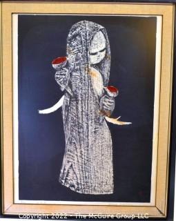 Framed Color Woodcut of Girl with Birds, Pencil Signed and Numbered with Chopmark Red Seal, By Artist Kaoru Kawano. 20" x 26".