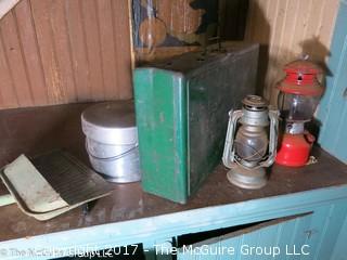 Collection including 2 vintage lanterns, a camp stove with pots, and a metal dust pan 