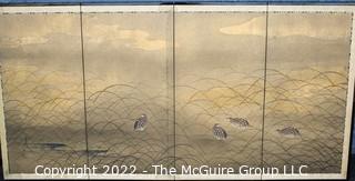 4 Panel Japanese painting on screen. 36" x 72"W. Some water staining. 