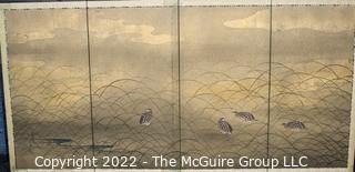 4 Panel Japanese painting on screen. 36" x 72"W. Some water staining. 