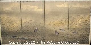 4 Panel Japanese painting on screen. 36" x 72"W. Some water staining. 