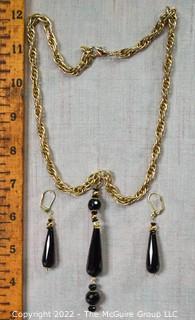 Faceted Black Glass Bead Pendant on Chain with Matching Earrings.  20" chain.