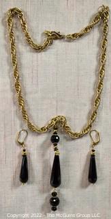 Faceted Black Glass Bead Pendant on Chain with Matching Earrings.  20" chain.