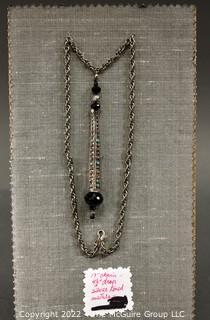 Bohemian Silver Tone Pendant with Inset Turquoise and Black Glass Beads on Chain.  19"