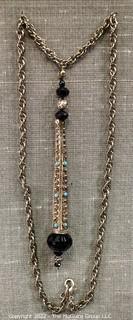 Bohemian Silver Tone Pendant with Inset Turquoise and Black Glass Beads on Chain.  19"