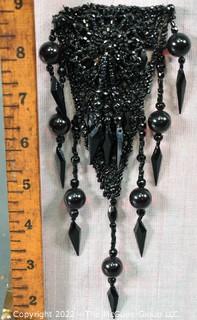 Victorian French Jet Beaded Triangle Lace Embellishment or Mourning Trim.  This is attached to a fabric backing but can be easily removed.  8" long