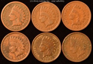 (6) Indian Head Pennies: 1-1887; 2-1901; 3-1907