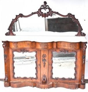 Marble Top with Mirror Doors and Backsplace Carved Mahoghany Buffet or Server. 