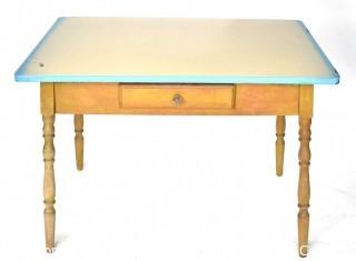 Vintage Porcelain Enamel Top Expandable Kitchen Table with & Wood Legs