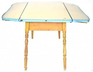 Vintage Porcelain Enamel Top Expandable Kitchen Table with & Wood Legs