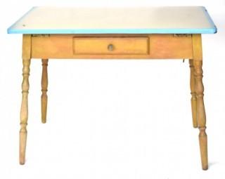 Vintage Porcelain Enamel Top Expandable Kitchen Table with & Wood Legs