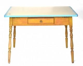 Vintage Porcelain Enamel Top Expandable Kitchen Table with & Wood Legs