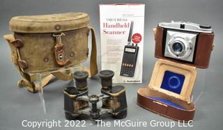 Antique Binoculars in Canvas Case, Handheld Scanner and Baldinette Camera.