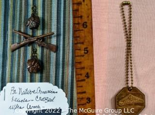 Two Vintage Brass Medals or Fobs - James Fort, Jamestown VA, & Infantry Pin with Native American Chief Head Charms.  