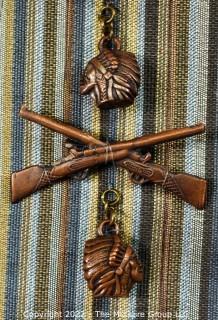 Two Vintage Brass Medals or Fobs - James Fort, Jamestown VA, & Infantry Pin with Native American Chief Head Charms.  