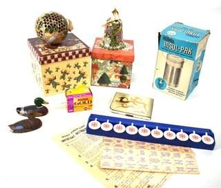 Decorative Group Including Cloisonne Christmas Ornaments and Thermos Insul Pak