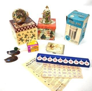 Decorative Group Including Cloisonne Christmas Ornaments and Thermos Insul Pak