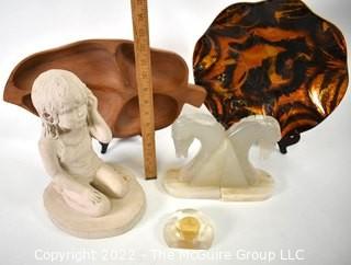 Group of Decorative Items Including Marble Bookends, Paperweight, Monkeypod Serving Tray, Lucite Painted Bowl and Dee Crowley & Austin Productions Sculpture.