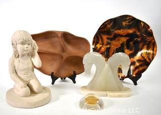 Group of Decorative Items Including Marble Bookends, Paperweight, Monkeypod Serving Tray, Lucite Painted Bowl and Dee Crowley & Austin Productions Sculpture.