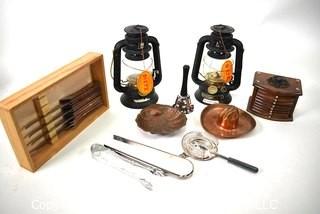 Two (2) Dietz Lanterns, Copperware, Serving Ware, Coaster Set and Set of 4 Supreme Japan Hi-Carbon Steel XL-55 Premium Knives.