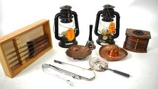 Two (2) Dietz Lanterns, Copperware, Serving Ware, Coaster Set and Set of 4 Supreme Japan Hi-Carbon Steel XL-55 Premium Knives.