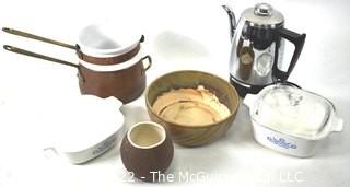 Group of Cookware Including Copper Sauce Pot, Trader Vics Coconut Cup, Perculator Coffee Maker and Corning Ware Cornflower Casserole Dishes.