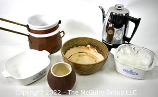 Group of Cookware Including Copper Sauce Pot, Trader Vics Coconut Cup, Perculator Coffee Maker and Corning Ware Cornflower Casserole Dishes.