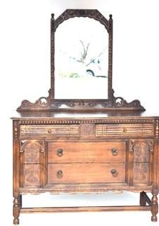 Carved Mahogany Two Drawer Dresser with Mirror.