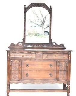 Carved Mahogany Two Drawer Dresser with Mirror.