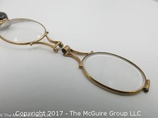 14k yellow gold hand held folding spectacles; spring loaded (Note: needs screw) - #1153 