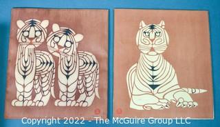 Two (2) Framed Japanese Tiger Woodblock Prints By Toshijiro Nenjiro Inagaki published by Mikumo Mokuhansha in Kyoto, Japan 1964.  With  Inagaki's red chop mark and signed by the publisher Mikumo. 16” x 16”.