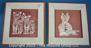 Two (2) Framed Japanese Tiger Woodblock Prints By Toshijiro Nenjiro Inagaki published by Mikumo Mokuhansha in Kyoto, Japan 1964.  With  Inagaki's red chop mark and signed by the publisher Mikumo. 16” x 16”.