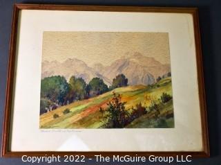 Framed Under Glass Original Watercolor of Landscape Signed By Artist Roland A. Rüfenacht. 14" x 15".